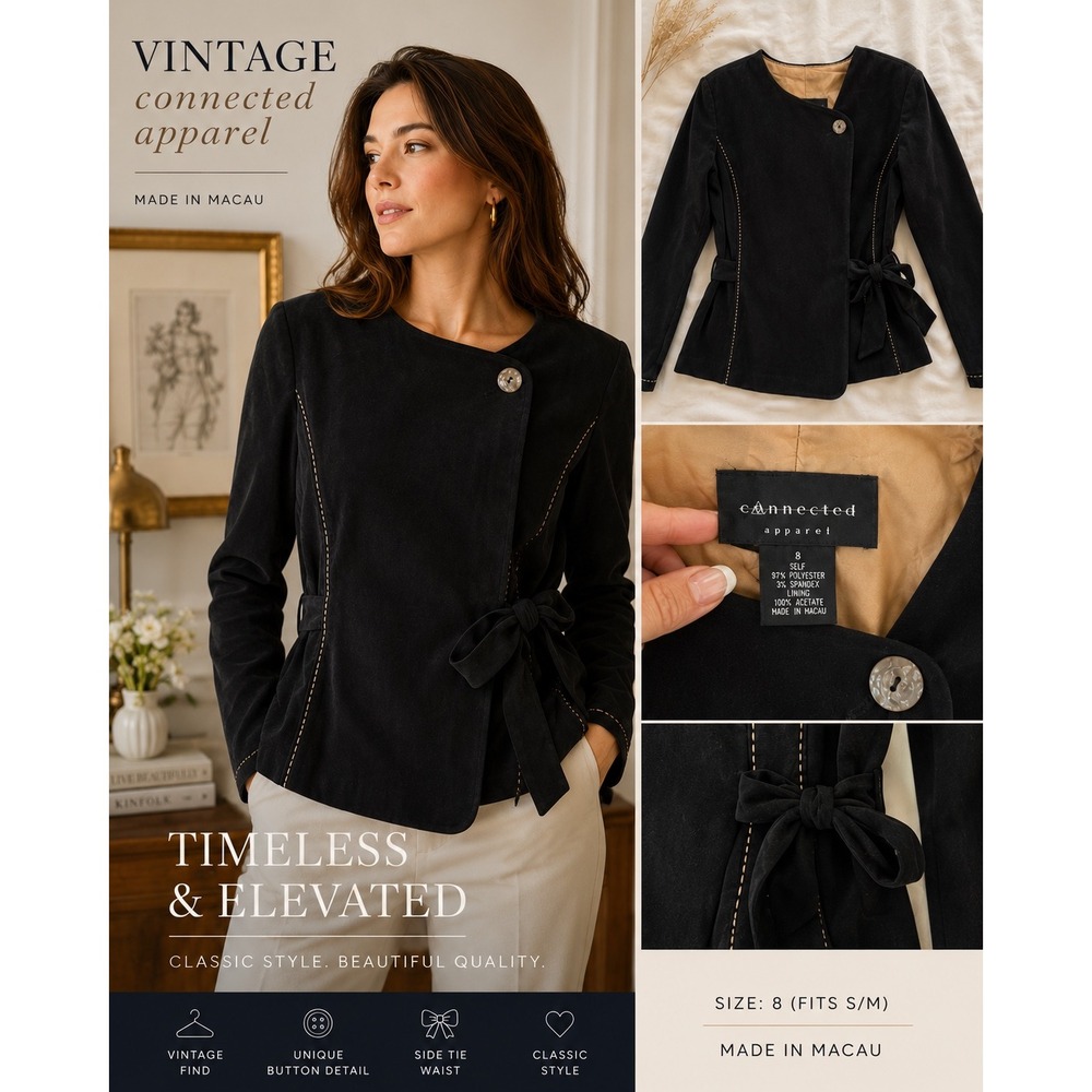 Vintage Connected Apparel Black Side Tie Jacket Blazer Size 8 Minimalist